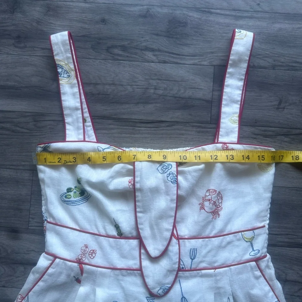 Caroline Constas Embroidered Linen Romper - Mediterranean Food Print - Size M. - Picture 11 of 17